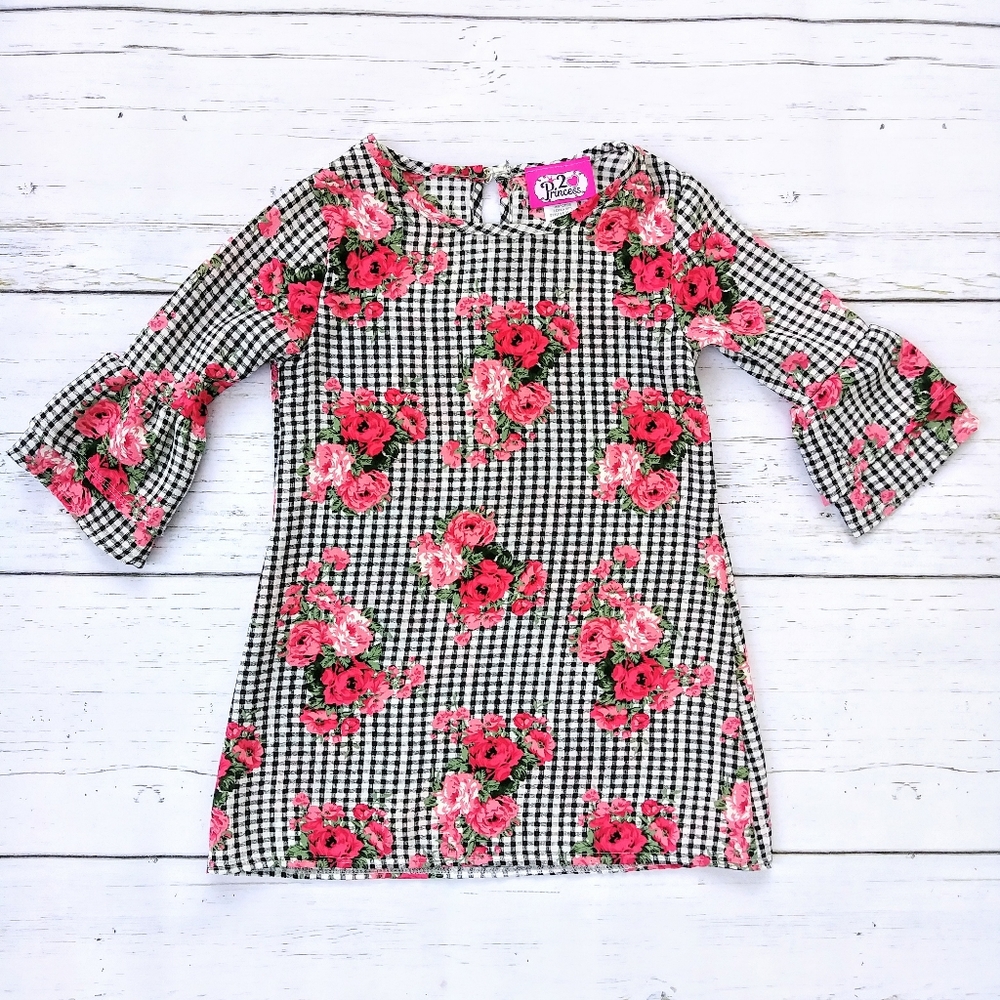 🌼 Girls gingham and floral shift dress sz 4